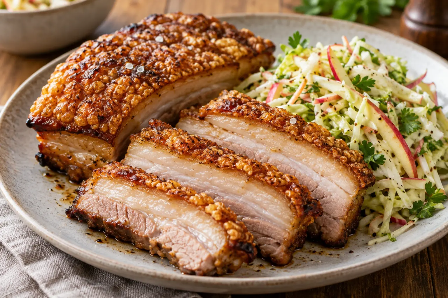 Crispy Roast Pork Belly with Apple Slaw