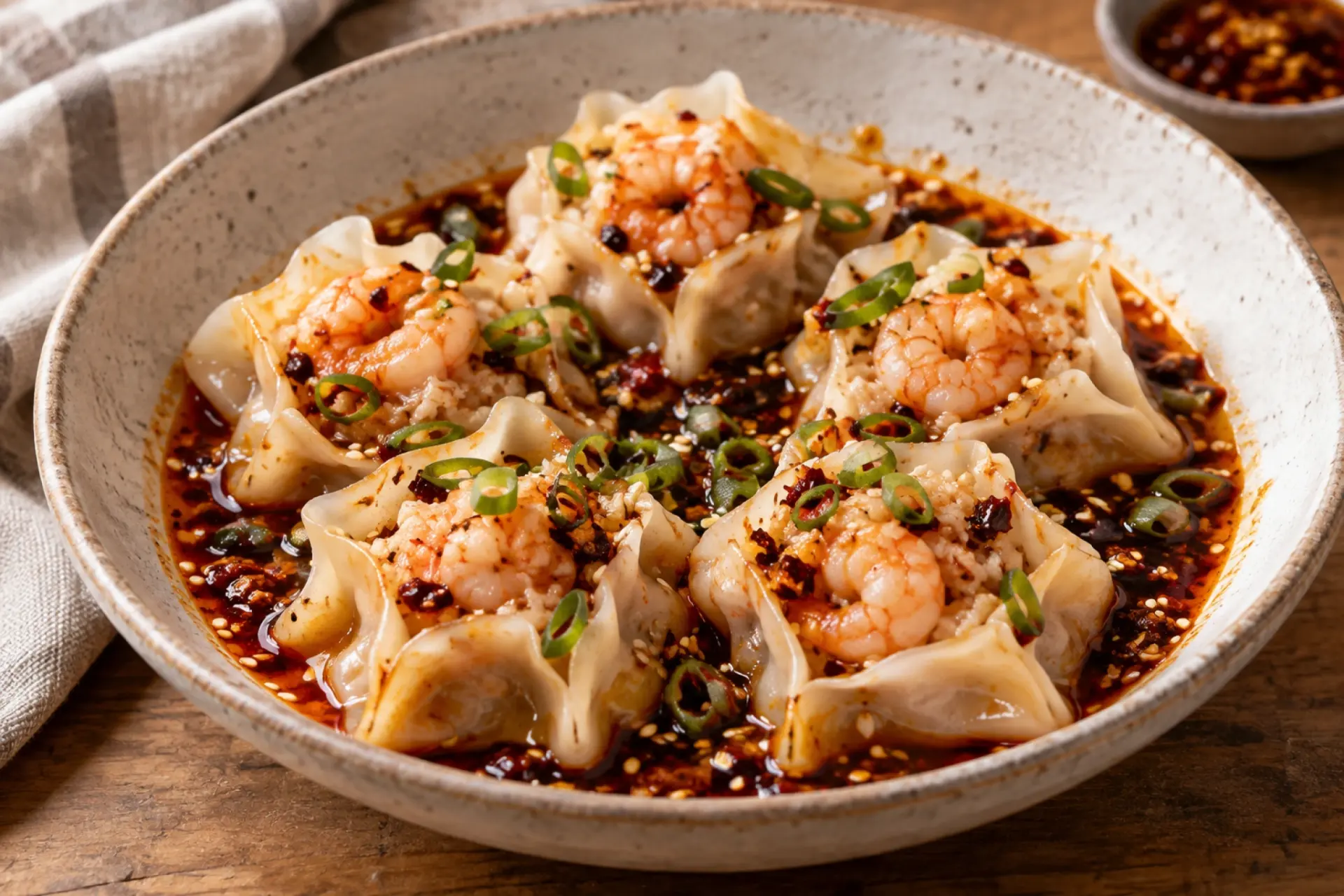 Shrimp Flower Wontons in Chilli Oil