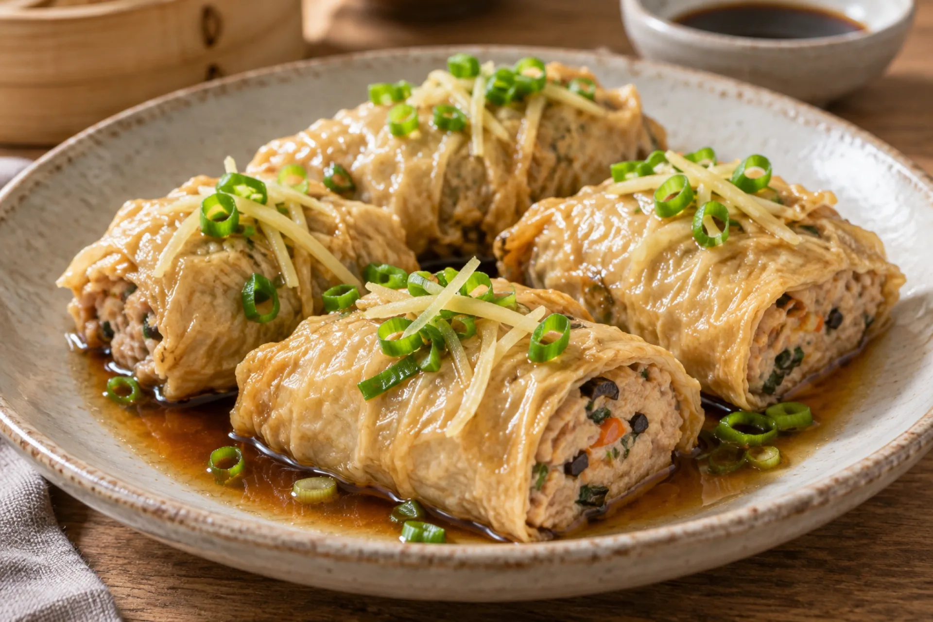Steamed Chicken Beancurd Rolls with Ginger Soy