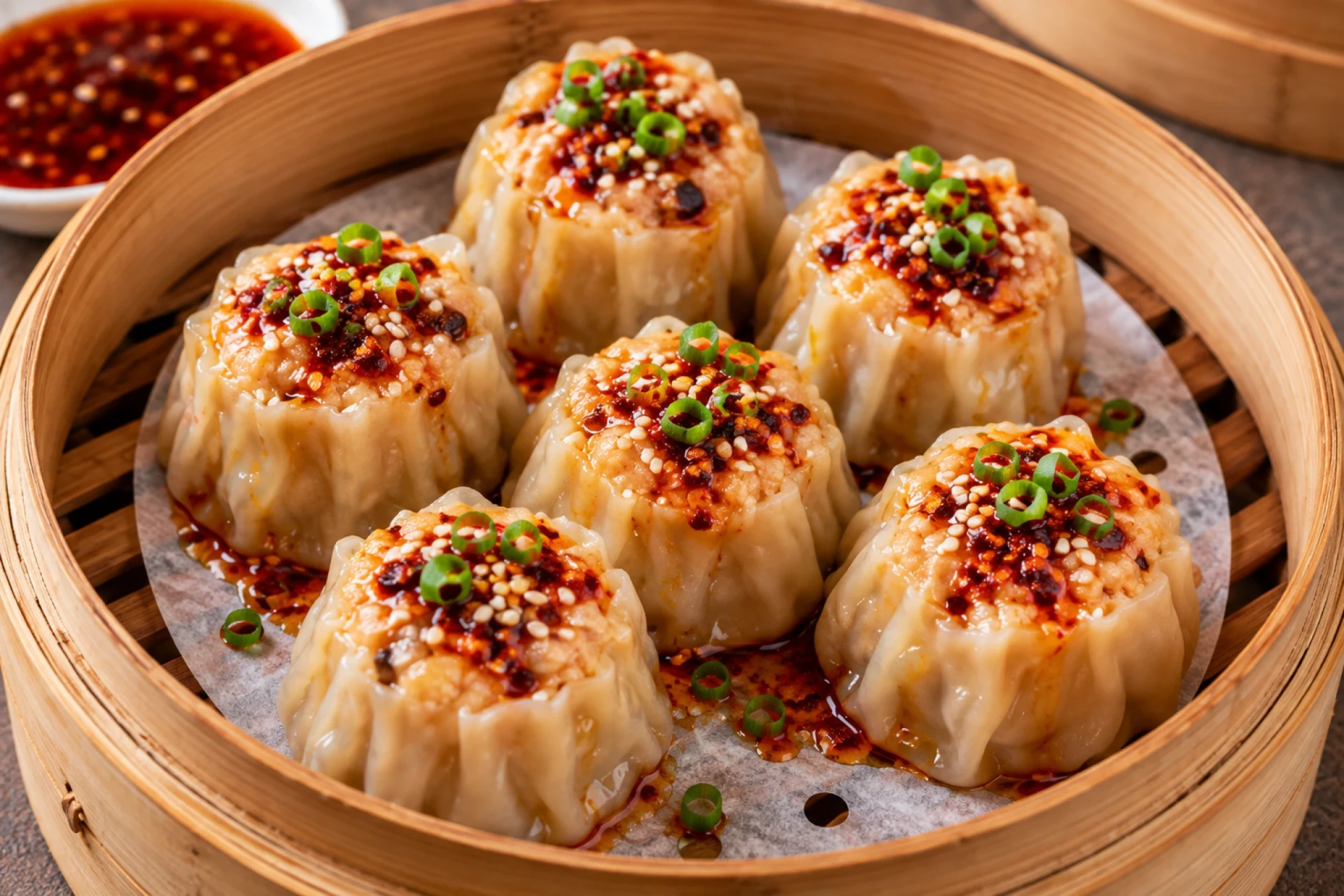 Steamed Chicken Dimsums with Chilli Oil