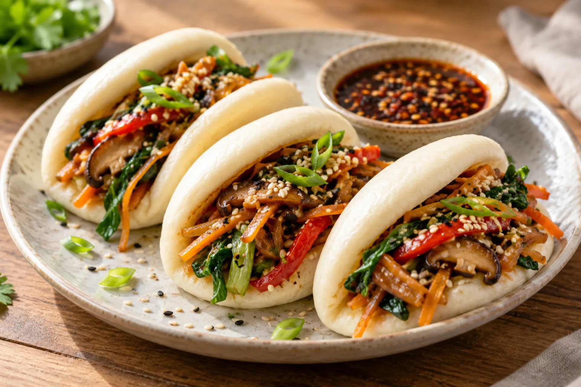 Steamed Vegetable Bao with Sesame Chilli Sauce